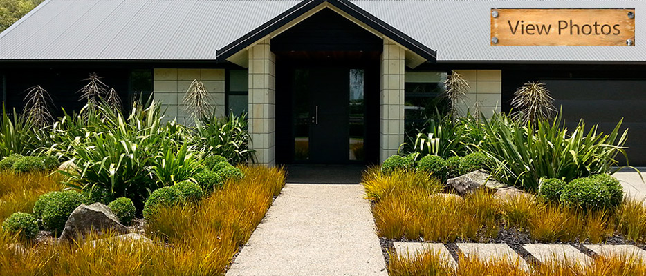 Residential landscape planting and house entrance, original Higher Ground project photograph